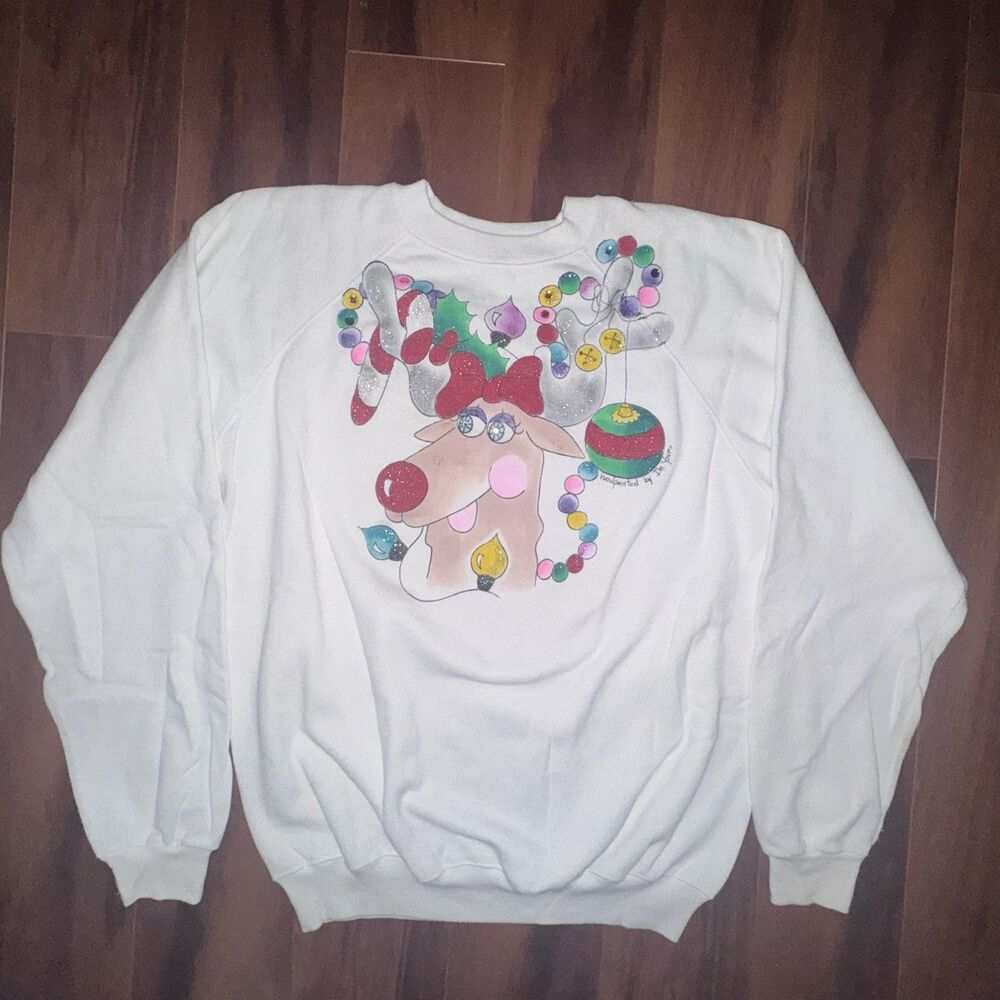 Vintage 90s I’m Yours Hand Painted Christmas Reindeer Sweatshirt XL USA Hanes